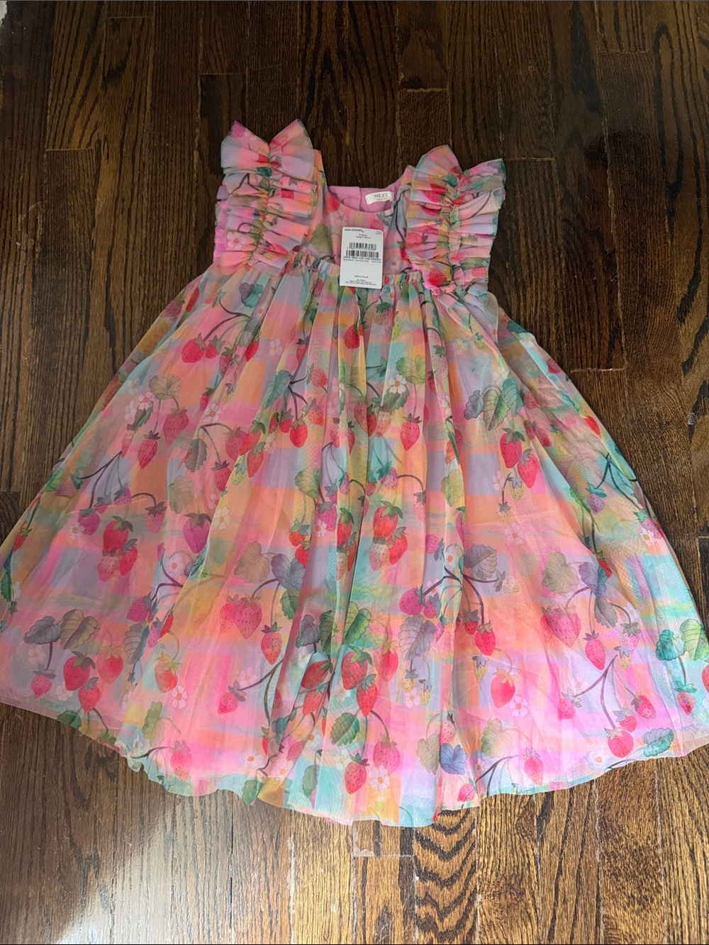 NEXT Girls Pink Multicolor Strawberry Print Ruffle Dress SIZE 5-6